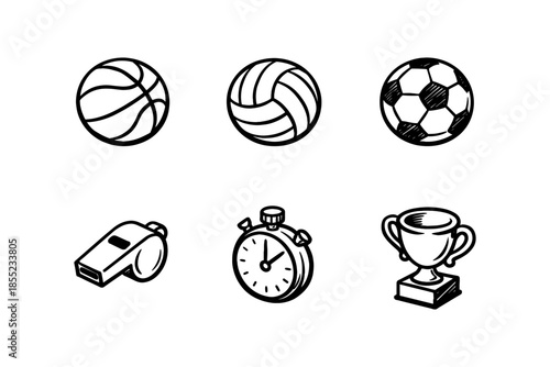 Hand-drawn sports equipment icons: basketball, volleyball, soccer ball, whistle, stopwatch, trophy
