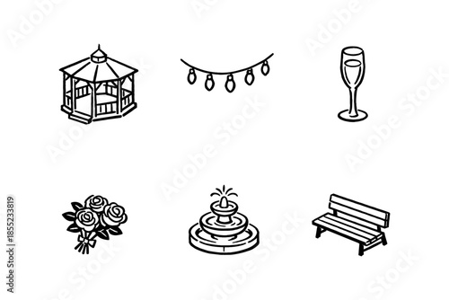 Chic wedding icon set: gazebo, lights, champagne, roses, fountain, bench