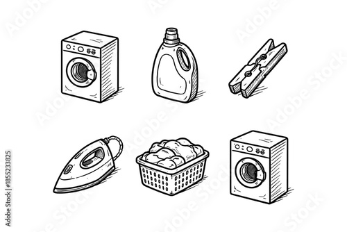 Hand drawn laundry set: washing machine, detergent, iron, basket, clothespin illustrations