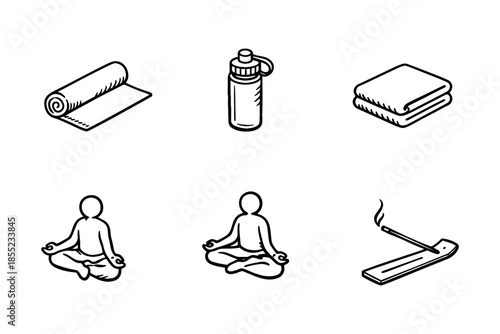 Essential yoga icons set featuring mat, water bottle, towel, meditating figures, and incense