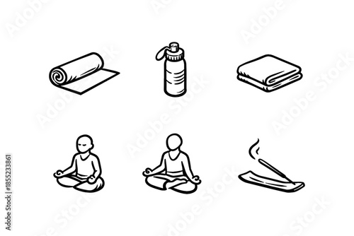 Minimalist yoga essentials: mat, water bottle, towel, meditation, incense