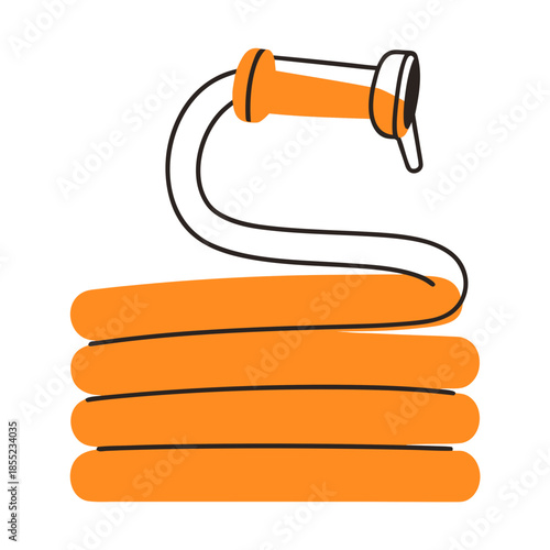 Orange garden hose coiled with nozzle for watering plants  