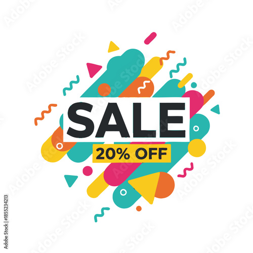Vibrant promotional sale announcement featuring dynamic colorful shapes and bold text highlighting