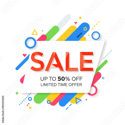 Vibrant promotional sale poster with dynamic geometric shapes and bold text highlighting discounts