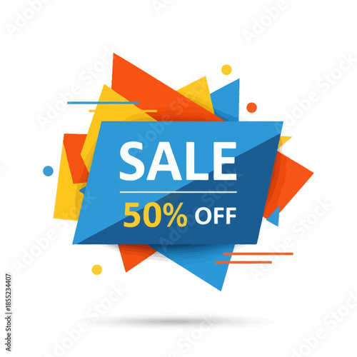 Vibrant and geometric sale advertisement emphasizing a 50 percent discount for promotional campaigns