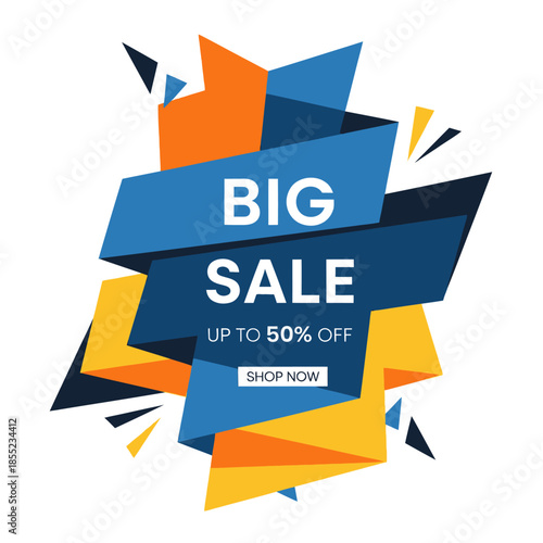 Vibrant geometric shapes with bold text announcing a major sale event highlighting discounts up to