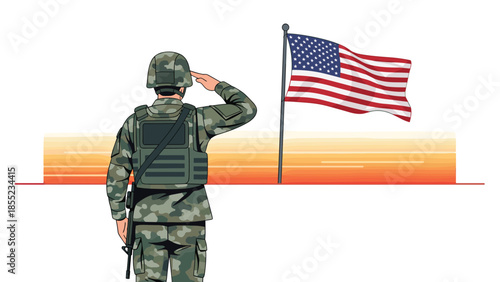 Brave soldier in camouflage uniform saluting the American flag against a beautiful backdrop of a glowing sunset, symbolizing patriotism and honor.