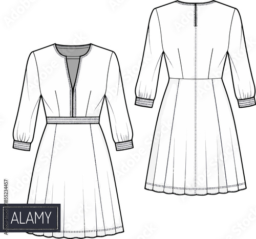 Elegant long-sleeved dress with belted waist Vector