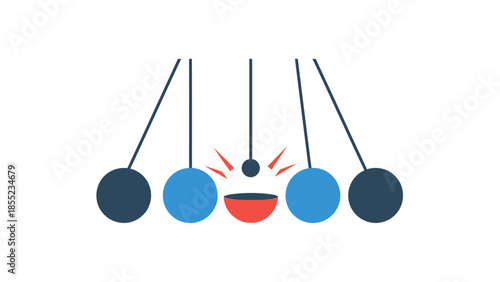 Pendulum balls in motion with a central red bowl and impact lines.