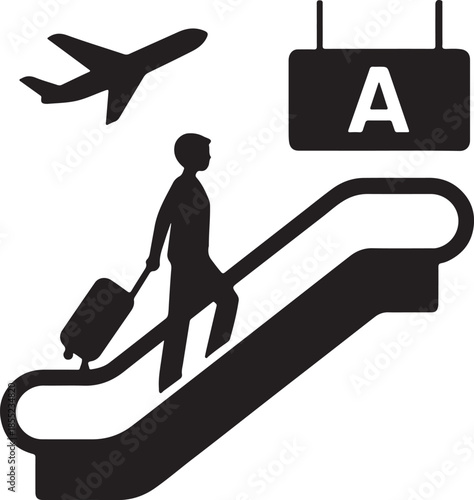 Traveler ascending escalator at airport terminal isolated on white background