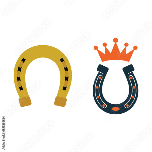 Two stylized horseshoes one golden yellow and one dark blue with orange crown and accents luck good luck vector illustration isolated on white background.