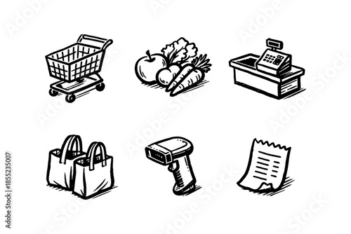 Hand-drawn shopping icon set: cart, vegetables, checkout, bags, scanner, receipt