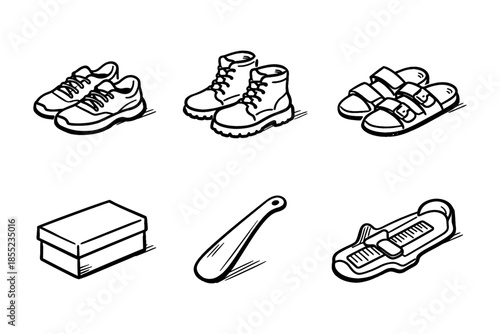 Set of hand-drawn shoes and accessories in black and white outline style