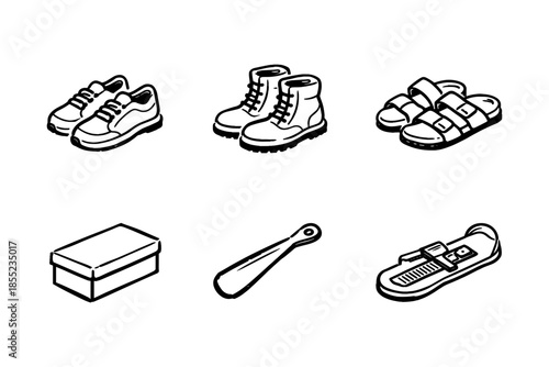 Black and white sneaker, boot, sandal and footwear accessories collection