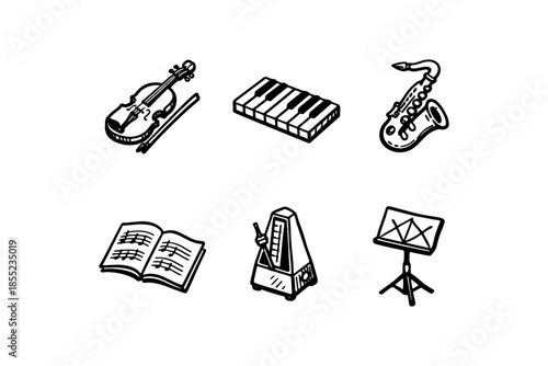 Music instrument set: violin, piano keys, saxophone, music stand, metronome, sheet music