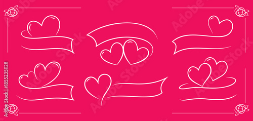 hand drawn line art hearts and ribbon shape text border graphic vector for wedding or valentine's day artwork