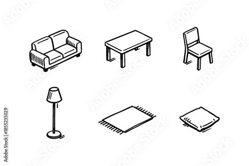 Hand drawn furniture icons: sofa, table, chair, lamp, rug, pillow in doodle style