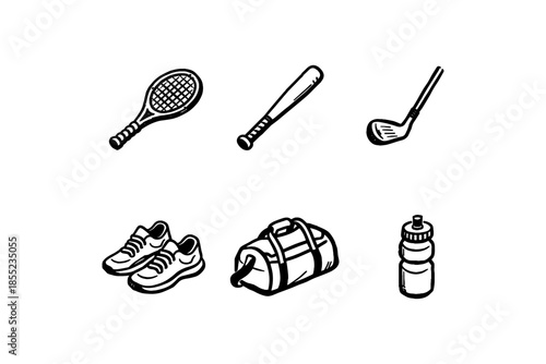 Hand drawn sports equipment icons: tennis, baseball, golf, shoes, bag, bottle