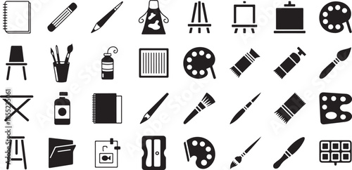 Art studio and painting supplies icon set. Containing easel, canvas, paint brush, palette, sketchbook, pencil, apron, tube, and more.