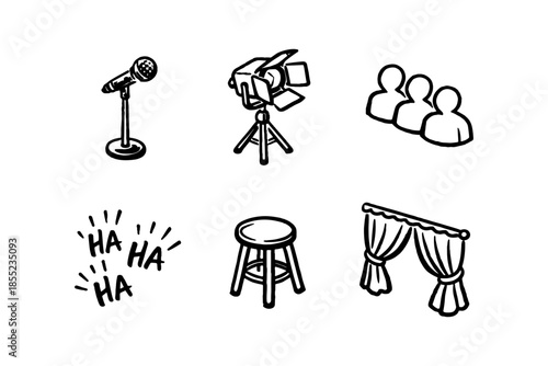 Hand drawn comedy stage elements: microphone, camera, audience, laughter, and curtains
