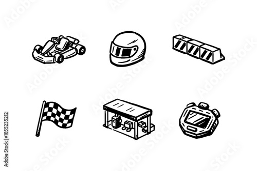 Sketch style go-kart racing elements with helmet, track barriers, and checkered flag