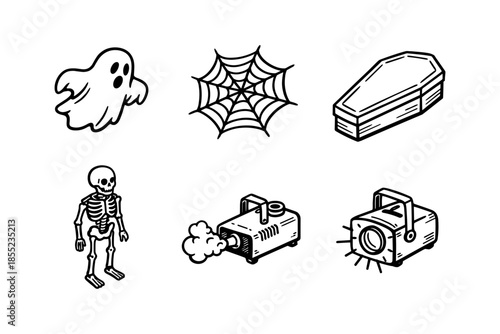 Halloween elements: ghost, web, coffin, skeleton, fog machine, spotlight