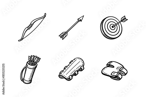 Hand drawn archery set: bow, arrow, target and accessories