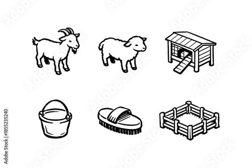 Farm animal icons: goat, sheep, and barnyard essentials in black and white style