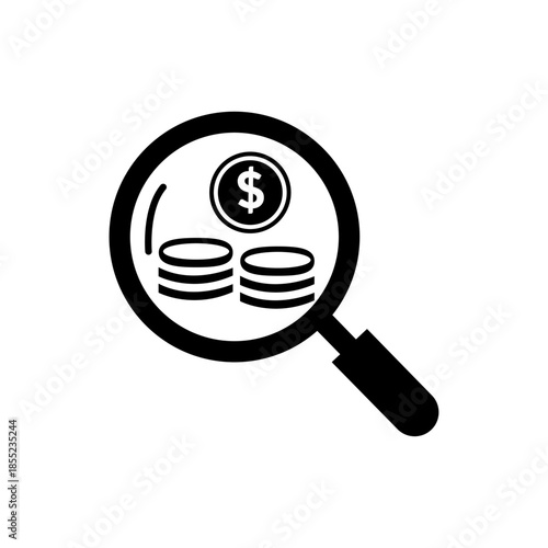 Magnifying glass examining coins and dollar sign symbolizing financial investigation and analysis