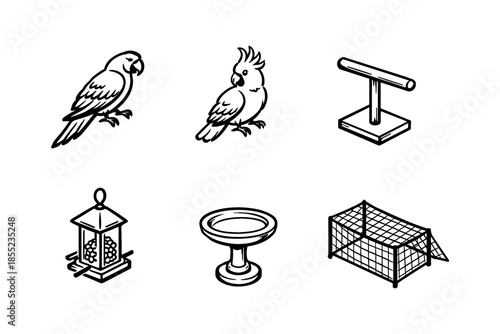 Black and white bird icons with accessories: parrot, cockatoo, birdcage, and more