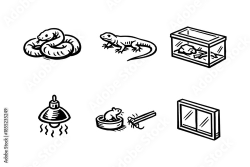 Reptile pet care: snakes and lizards with habitat elements in a flat style