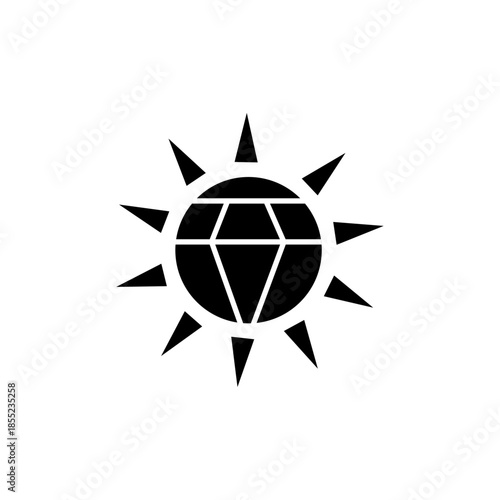 A black and white sun logo with a diamond at its center
