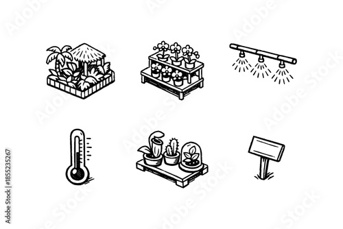 Hand drawn garden elements: plants, signage, and tools for a simple outdoor setup