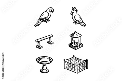 Hand drawn bird care essentials: parrots, perch, feeder, birdbath, aviary