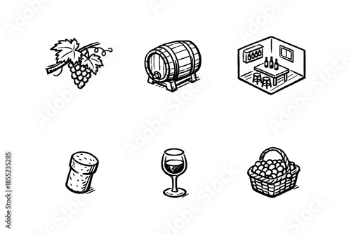 Hand-drawn wine icons: grapes, barrel, cellar, cork, glass, basket