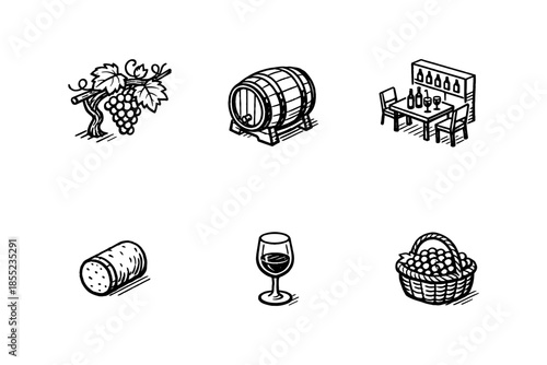Hand drawn winery icons: wine barrel, grapes, glass, and more