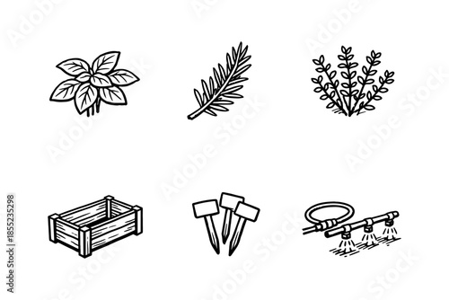Gardening essentials: herbs, planters, and tools in hand drawn style
