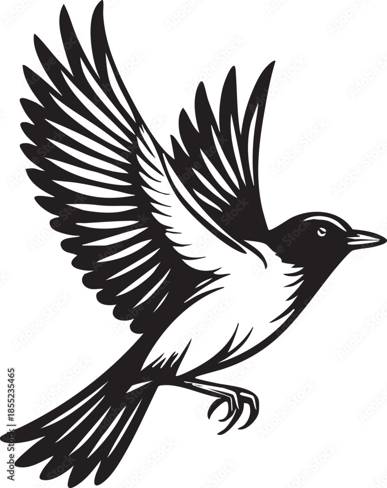 Obraz premium flying bird illustration with spread wings isolated on white background, elegant black and white artwork