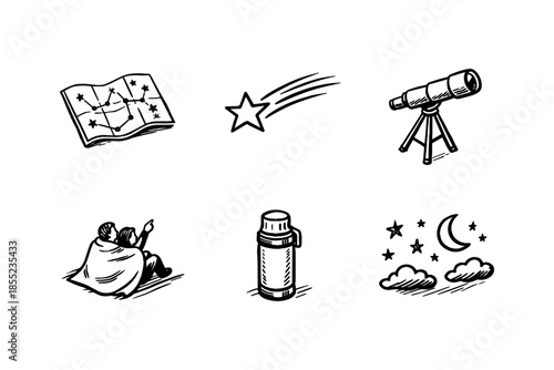 Hand-drawn astronomy icons: map, shooting star, telescope, stargazers, thermos, night sky