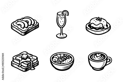 Hand-drawn breakfast icons: toasts, drinks, and pastries for café menus