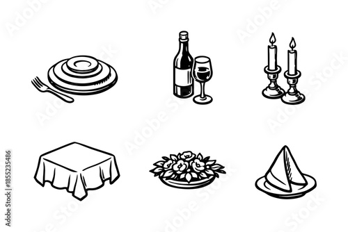 Elegant dining icons: plates, wine, candles, table, flowers, napkin