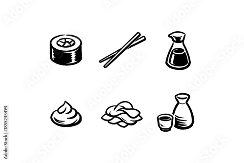 Japanese cuisine icons: sushi, chopsticks, soy sauce, and more in black and white