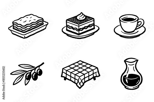Traditional italian cuisine icons: coffee, dessert, olives, and more in elegant outline style