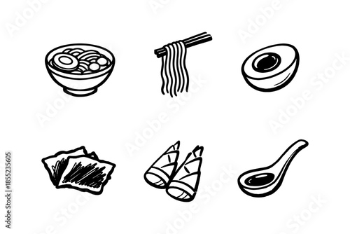 Hand drawn ramen icons collection: bowls, noodles, eggs, and more