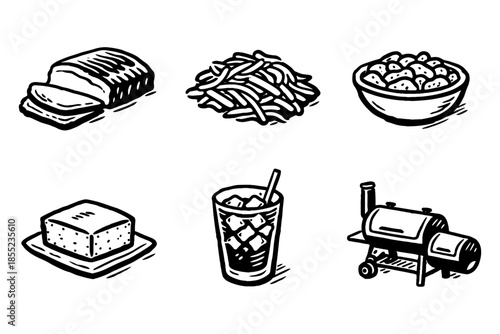 Classic barbecue elements: grilled meat, fries, cornbread, and refreshing drink in retro style