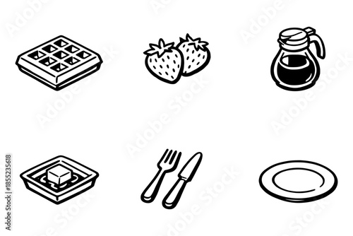 Breakfast essentials icons: waffle, strawberries, syrup, butter, cutlery, and plate in bold style