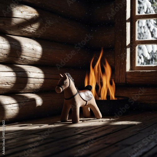 A toy horse on the background of a fire inside a hut under the light from a window with a winter landscape