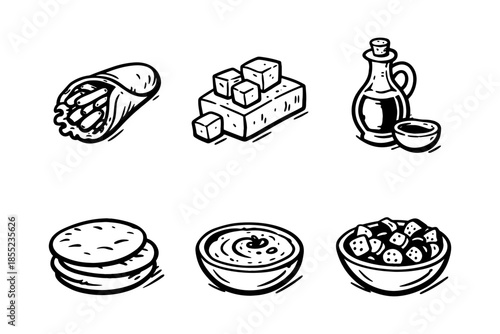 Hand drawn mediterranean cuisine icons with falafel, hummus, and flatbread