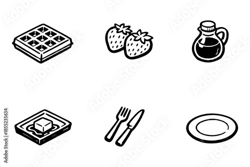 Breakfast icons: waffles, syrup, and berries in bold black and white