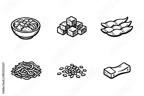 Hand drawn asian food ingredients collection with tofu and edamame